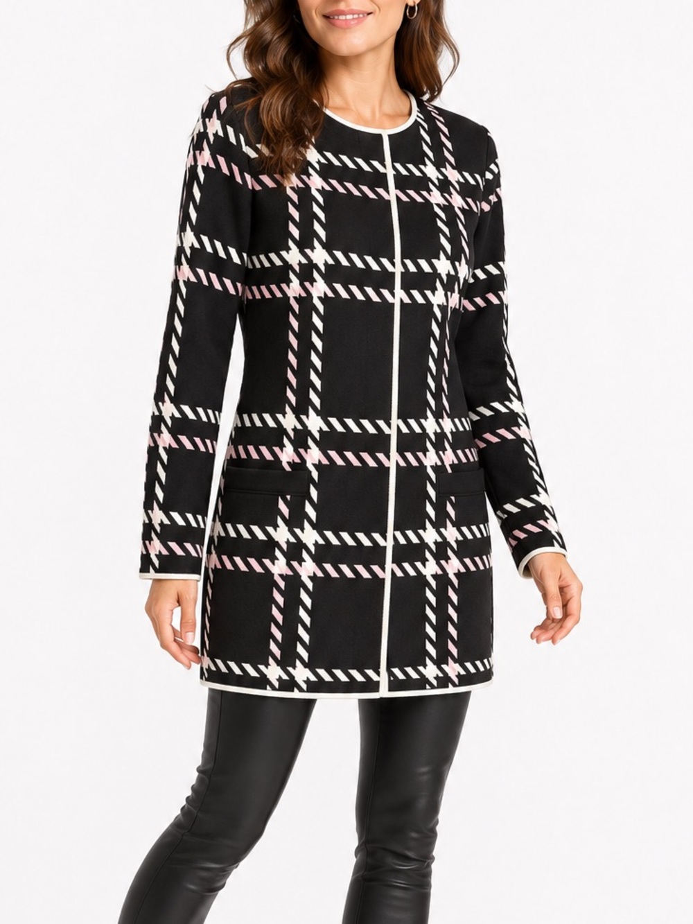 NWOT Talbots Petites MP Black Pink Plaid Knit Cardigan Jacket Preppy Pockets Mod